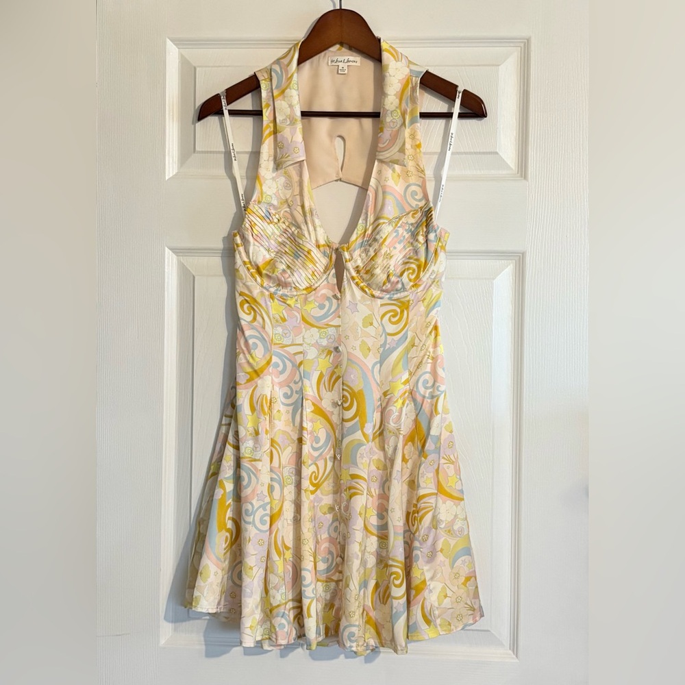 For Love & Lemons Marcia Floral Celestial Star Satin Mini Dress Size Medium - Picture 5 of 16